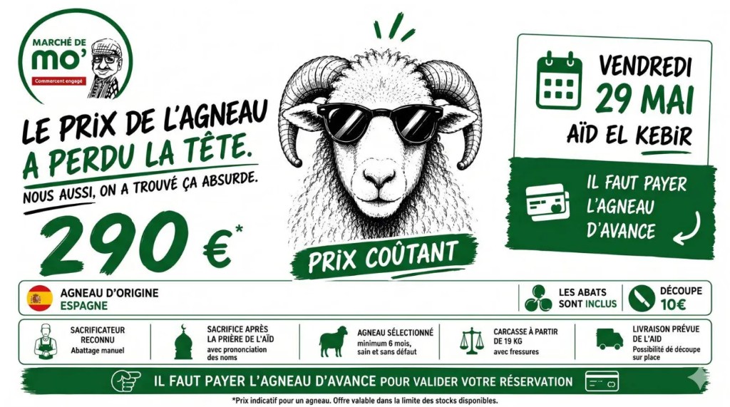 Promo agneau Aïd — 290€ prix coûtant, Marché de Mo'